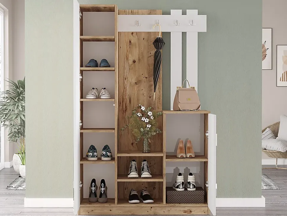 Vestiaire avec 3 portes et 1 miroir - Blanc et naturel - MIROTA