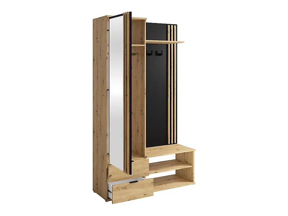 Vestiaire avec miroir et rangements - Naturel et Noir - JANAKIA