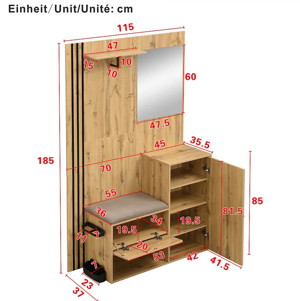 Vestiaire De Rangement Avec Miroir Et Moulures Noires ,Mettre dans vestiaires, 115x185x37 Cm,bois