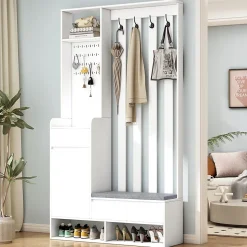 Vestiaire d'Entrée - Banc Rembourré, 4 Crochets Et Rangement Chaussures, Panneau Mural, Design Moderne, Blanc, H180/B100/T35 cm