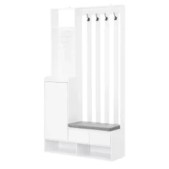 Vestiaire d'Entrée - Banc Rembourré, 4 Crochets Et Rangement Chaussures, Panneau Mural, Design Moderne, Blanc, H180/B100/T35 cm