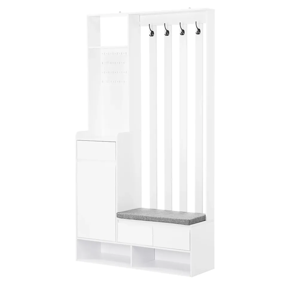 Vestiaire d'Entrée - Banc Rembourré, 4 Crochets Et Rangement Chaussures, Panneau Mural, Design Moderne, Blanc, H180/B100/T35 cm