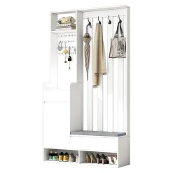 Vestiaire d'Entrée - Banc Rembourré, 4 Crochets Et Rangement Chaussures, Panneau Mural, Design Moderne, Blanc, H180/B100/T35 cm