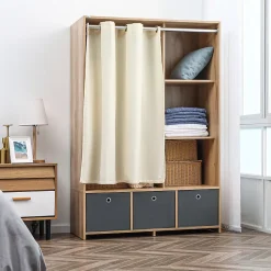 Vestiaire d'entrée - barre de penderie, 3 niches, 3 tiroirs tissu, rideau - panneaux aspect chêne clair polyester gris lin beige