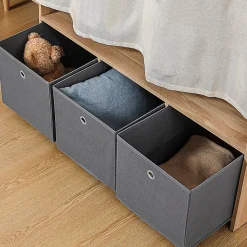 Vestiaire d'entrée - barre de penderie, 3 niches, 3 tiroirs tissu, rideau - panneaux aspect chêne clair polyester gris lin beige
