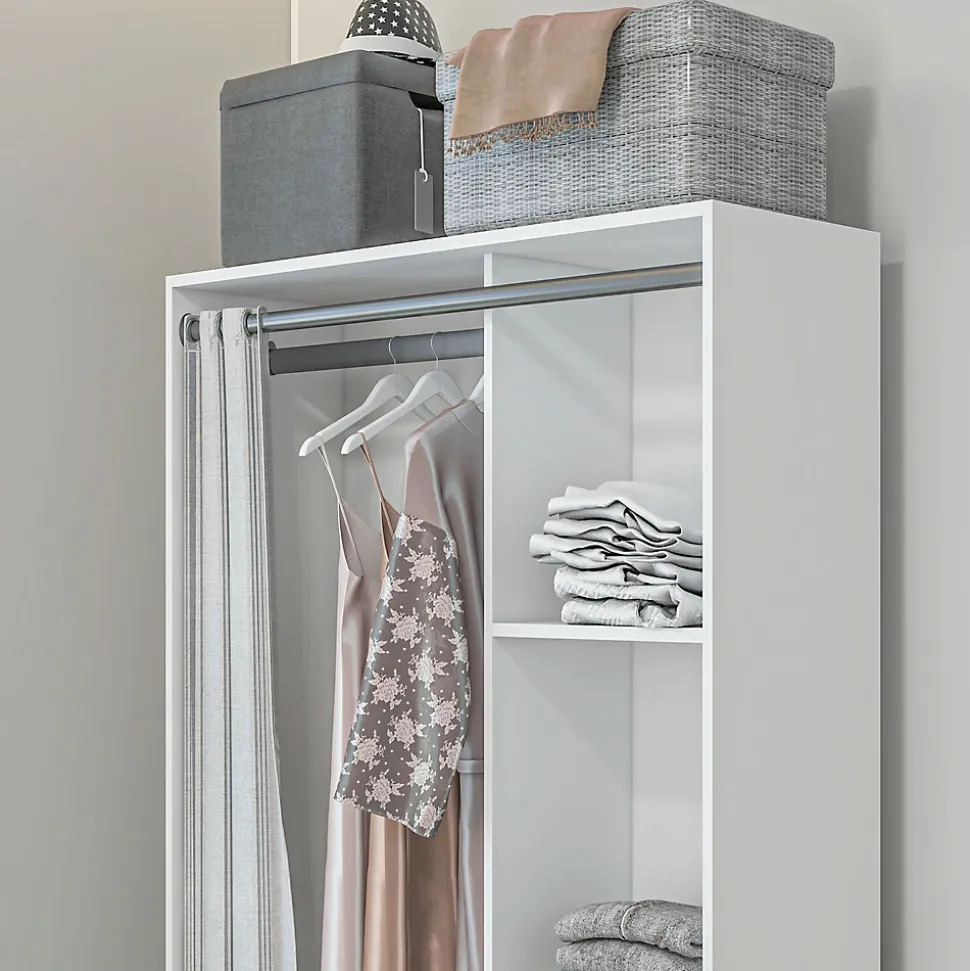 Vestiaire d'entrée - barre de penderie, 3 niches, 3 tiroirs tissu, rideau - panneaux blanc polyester lin gris clair