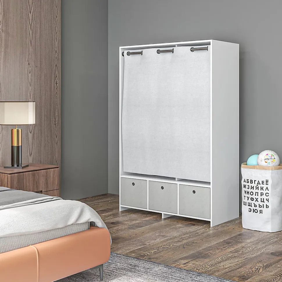 Vestiaire d'entrée - barre de penderie, 3 niches, 3 tiroirs tissu, rideau - panneaux blanc polyester lin gris clair