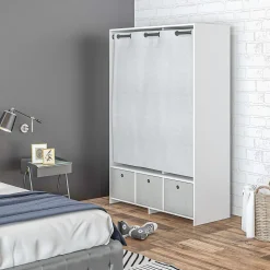 Vestiaire d'entrée - barre de penderie, 3 niches, 3 tiroirs tissu, rideau - panneaux blanc polyester lin gris clair