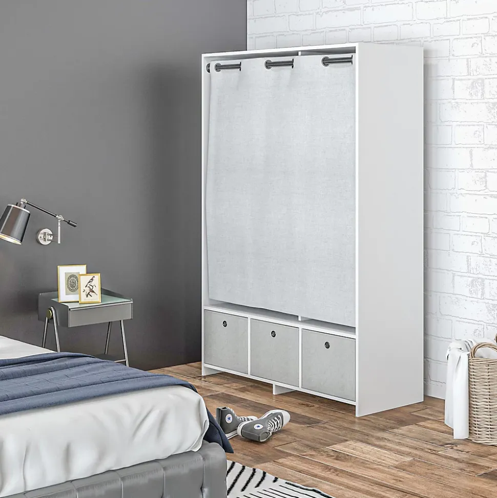 Vestiaire d'entrée - barre de penderie, 3 niches, 3 tiroirs tissu, rideau - panneaux blanc polyester lin gris clair