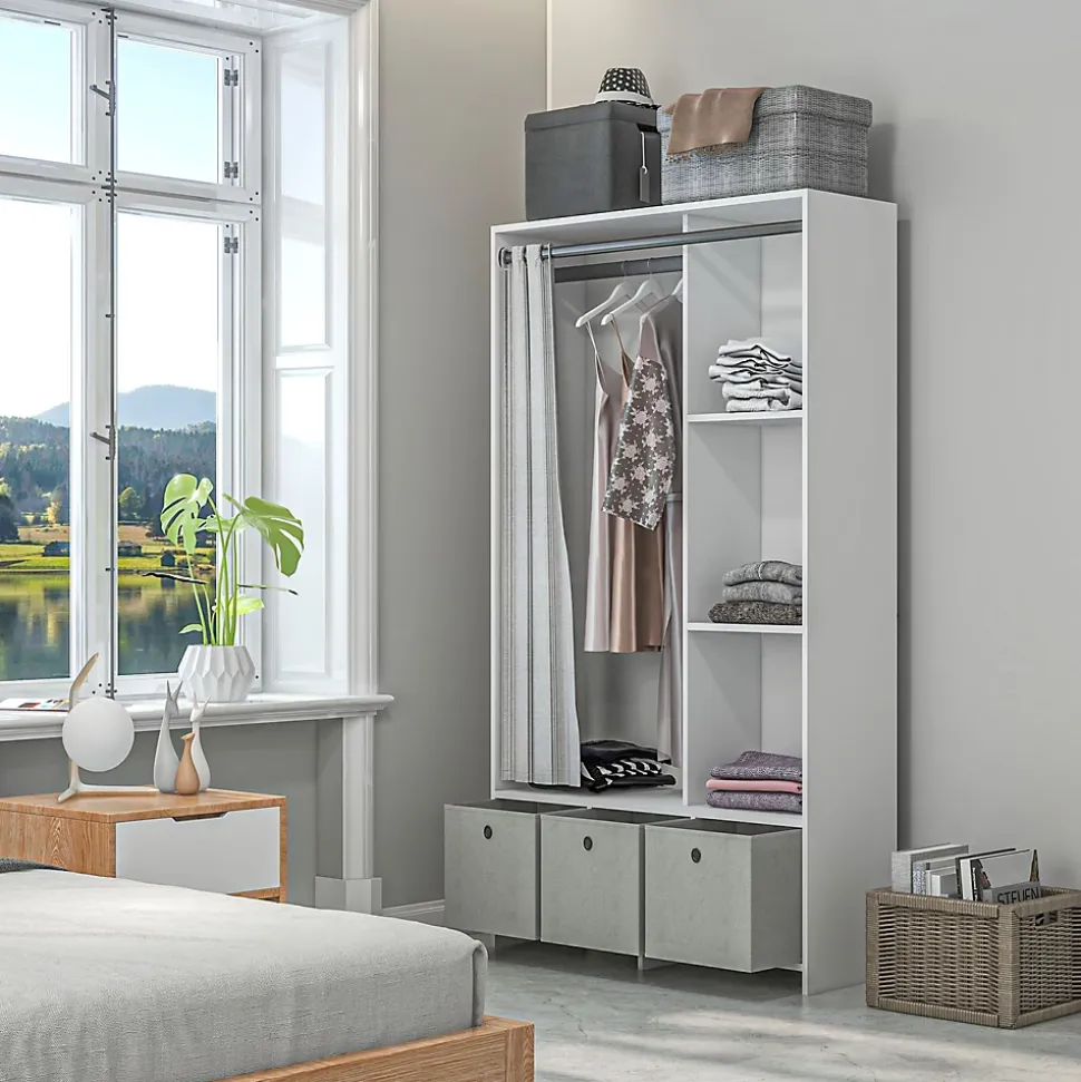 Vestiaire d'entrée - barre de penderie, 3 niches, 3 tiroirs tissu, rideau - panneaux blanc polyester lin gris clair