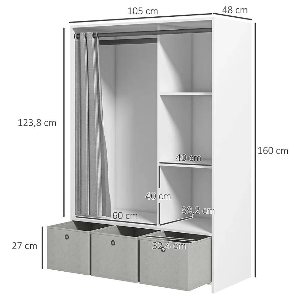 Vestiaire d'entrée - barre de penderie, 3 niches, 3 tiroirs tissu, rideau - panneaux blanc polyester lin gris clair