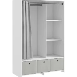Vestiaire d'entrée - barre de penderie, 3 niches, 3 tiroirs tissu, rideau - panneaux blanc polyester lin gris clair