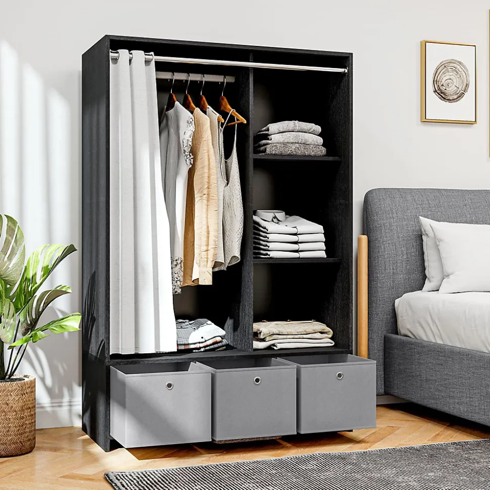 Vestiaire d'entrée - barre de penderie, 3 niches, 3 tiroirs tissu, rideau - panneaux noir polyester lin gris clair