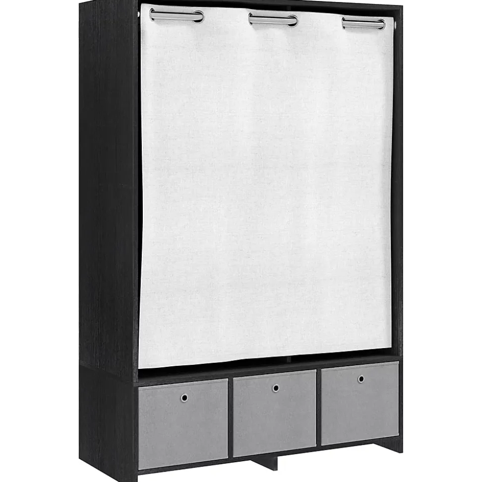 Vestiaire d'entrée - barre de penderie, 3 niches, 3 tiroirs tissu, rideau - panneaux noir polyester lin gris clair