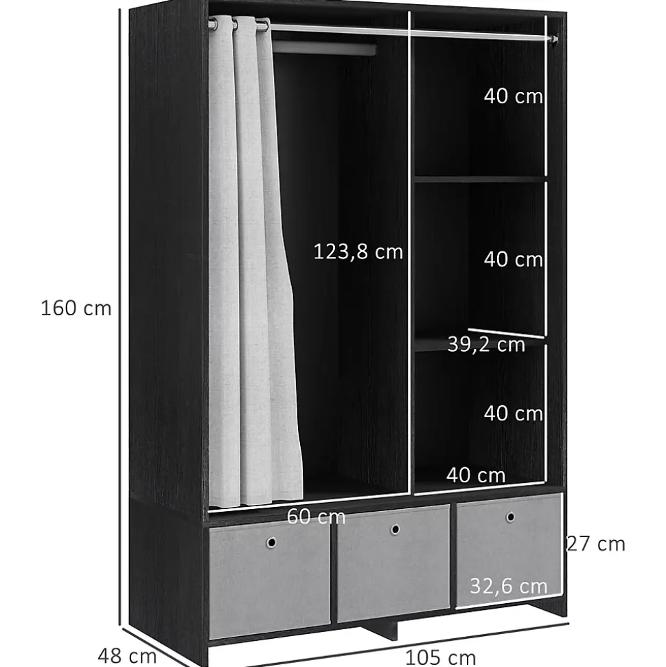 Vestiaire d'entrée - barre de penderie, 3 niches, 3 tiroirs tissu, rideau - panneaux noir polyester lin gris clair