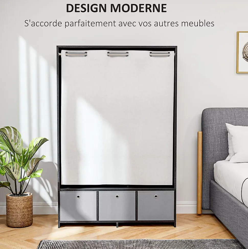 Vestiaire d'entrée - barre de penderie, 3 niches, 3 tiroirs tissu, rideau - panneaux noir polyester lin gris clair