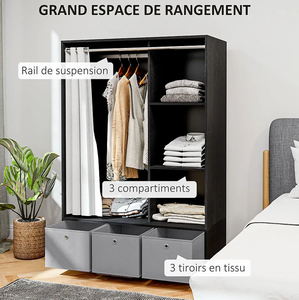 Vestiaire d'entrée - barre de penderie, 3 niches, 3 tiroirs tissu, rideau - panneaux noir polyester lin gris clair