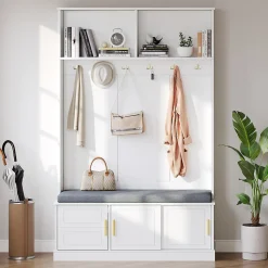 Vestiaire d'Entrée - Meuble d'Entrée avec Banc Assise et Patères, Rangement Pratique, Bois MDF Blanc 120x40x191 cm