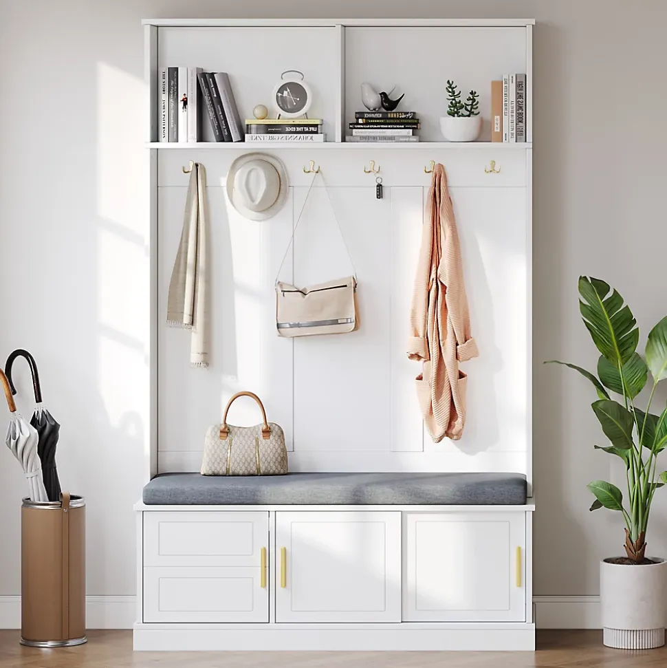 Vestiaire d'Entrée - Meuble d'Entrée avec Banc Assise et Patères, Rangement Pratique, Bois MDF Blanc 120x40x191 cm