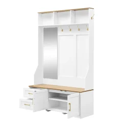 Vestiaire d'entrée - Meuble d'entrée avec LED, Banc Intégré et Miroir - MDF Blanc+Naturel 120x40x187 cm