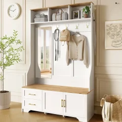Vestiaire d'entrée - Meuble d'entrée avec LED, Banc Intégré et Miroir - MDF Blanc+Naturel 120x40x187 cm