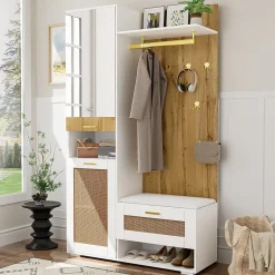 Vestiaire d'entrée - Meuble d'entrée avec Miroir et Éclairage LED, Crochets Dorés et Banc à Chaussures, MDF Blanc, 110x38x190 cm
