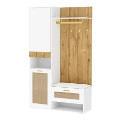 Vestiaire d'entrée - Meuble d'entrée avec Miroir et Éclairage LED, Crochets Dorés et Banc à Chaussures, MDF Blanc, 110x38x190 cm