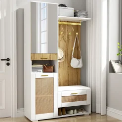 Vestiaire d'entrée - Meuble d'entrée avec Miroir et Éclairage LED, Crochets Dorés et Banc à Chaussures, MDF Blanc, 110x38x190 cm