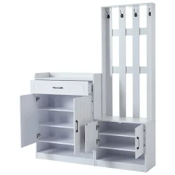 Vestiaire d'entrée - Meuble d'entrée avec Porte-Manteaux - 4 Portes, 1 Tiroir et Rangement Chaussures, Blanc - 140x32x180 cm