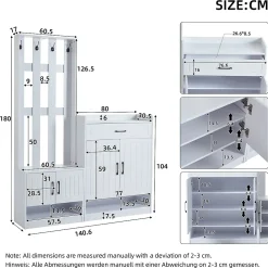 Vestiaire d'entrée - Meuble d'entrée avec Porte-Manteaux - 4 Portes, 1 Tiroir et Rangement Chaussures, Blanc - 140x32x180 cm