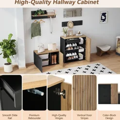 Vestiaire d'entrée - Meuble à Chaussures avec Portes et Crochets, Étagère et Miroir - Noir + Bois Naturel - 80/85x32x48/85 cm