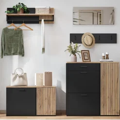 Vestiaire d'entrée - Meuble à Chaussures avec Portes et Crochets, Étagère et Miroir - Noir + Bois Naturel - 80/85x32x48/85 cm