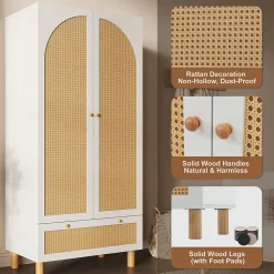 Vestiaire d'Entrée 2 Portes - Armoire avec Tiroir et Tringle - Étagères Réglables - Style Campagne Cannage - Blanc - 52x85x180 cm
