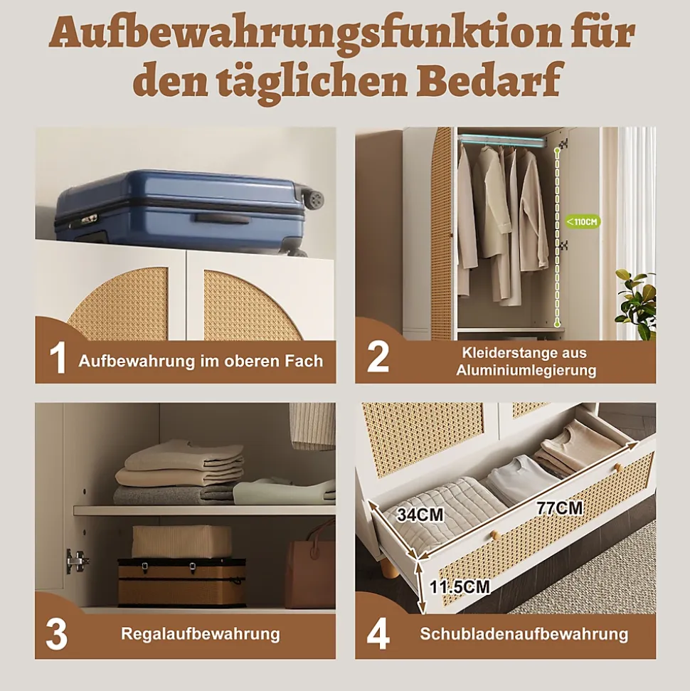 Vestiaire d'Entrée 2 Portes - Armoire avec Tiroir et Tringle - Étagères Réglables - Style Campagne Cannage - Blanc - 52x85x180 cm