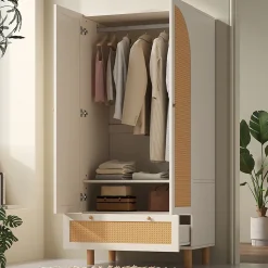 Vestiaire d'Entrée 2 Portes - Armoire avec Tiroir et Tringle - Étagères Réglables - Style Campagne Cannage - Blanc - 52x85x180 cm