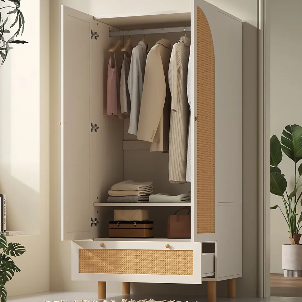 Vestiaire d'Entrée 2 Portes - Armoire avec Tiroir et Tringle - Étagères Réglables - Style Campagne Cannage - Blanc - 52x85x180 cm