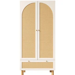 Vestiaire d'Entrée 2 Portes - Armoire avec Tiroir et Tringle - Étagères Réglables - Style Campagne Cannage - Blanc - 52x85x180 cm