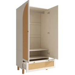 Vestiaire d'Entrée 2 Portes - Armoire avec Tiroir et Tringle - Étagères Réglables - Style Campagne Cannage - Blanc - 52x85x180 cm