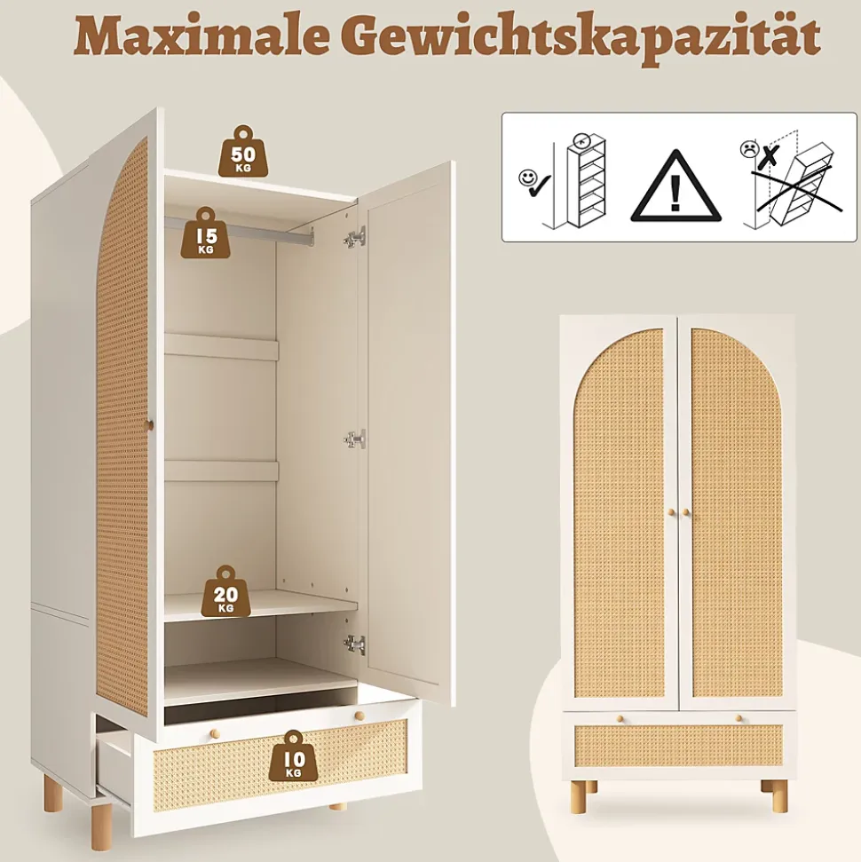 Vestiaire d'Entrée 2 Portes - Armoire avec Tiroir et Tringle - Étagères Réglables - Style Campagne Cannage - Blanc - 52x85x180 cm