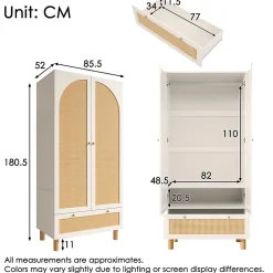 Vestiaire d'Entrée 2 Portes - Armoire avec Tiroir et Tringle - Étagères Réglables - Style Campagne Cannage - Blanc - 52x85x180 cm