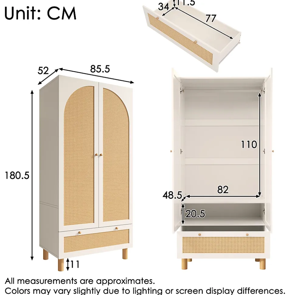 Vestiaire d'Entrée 2 Portes - Armoire avec Tiroir et Tringle - Étagères Réglables - Style Campagne Cannage - Blanc - 52x85x180 cm