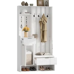 Vestiaire d'entrée avec 2 armoires, 1 tiroir, 10 compartiments et banc matelassé, blanc bois et verre trempé, 85x33,5x200 cm