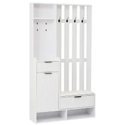 Vestiaire d'entrée avec 2 armoires, 1 tiroir, 10 compartiments et banc matelassé, blanc bois et verre trempé, 85x33,5x200 cm