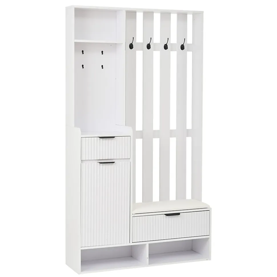 Vestiaire d'entrée avec 2 armoires, 1 tiroir, 10 compartiments et banc matelassé, blanc bois et verre trempé, 85x33,5x200 cm