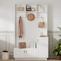Vestiaire d'entrée avec banc, 3 portes et 3 rangements ouverts, meuble panneau et métal, 120x40x200 cm blanc
