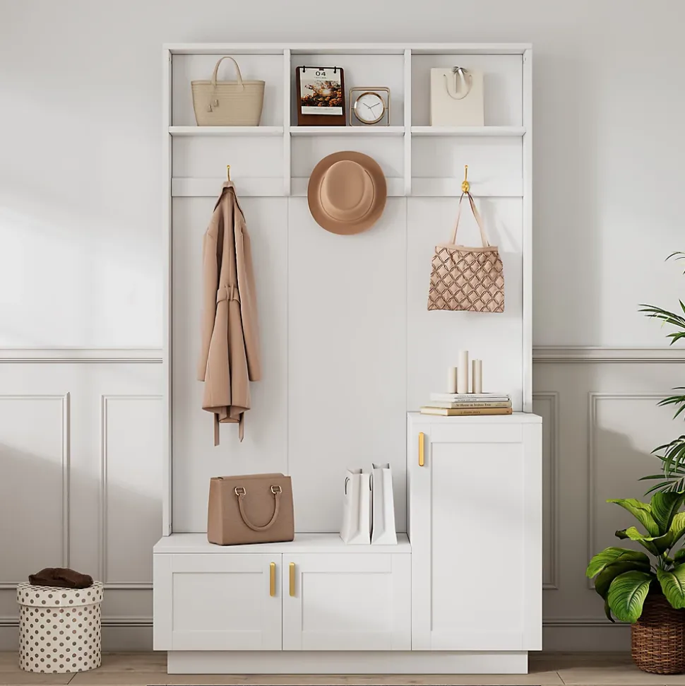 Vestiaire d'entrée avec banc, 3 portes et 3 rangements ouverts, meuble panneau et métal, 120x40x200 cm blanc