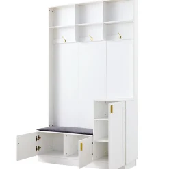 Vestiaire d'entrée avec banc, 3 portes et 3 rangements ouverts, meuble panneau et métal, 120x40x200 cm blanc