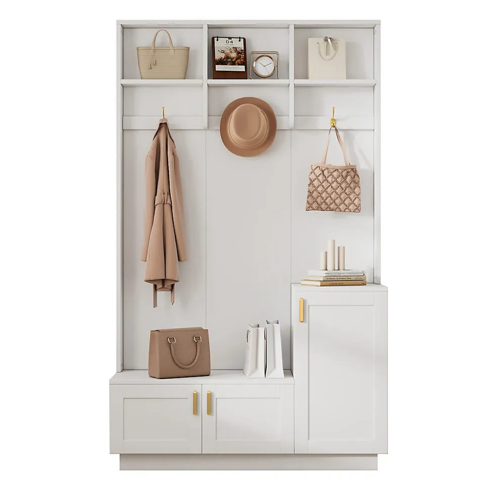 Vestiaire d'entrée avec banc, 3 portes et 3 rangements ouverts, meuble panneau et métal, 120x40x200 cm blanc