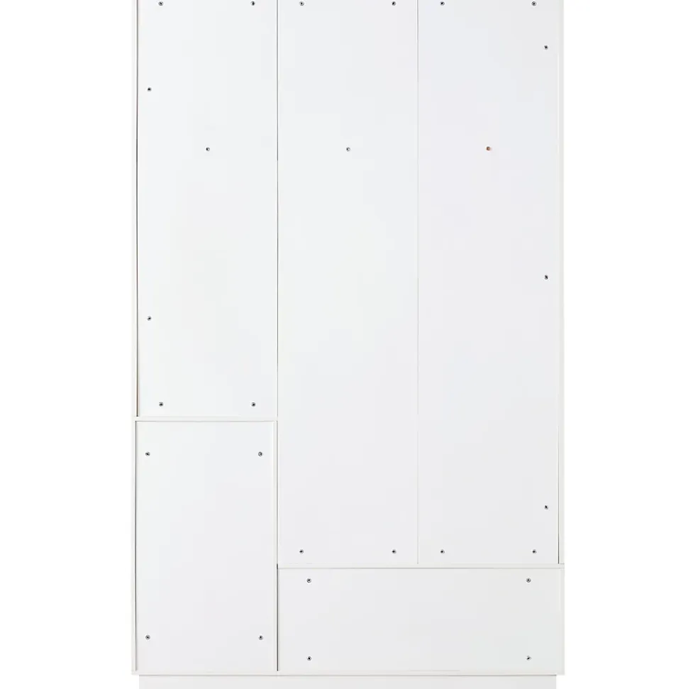 Vestiaire d'entrée avec banc, 3 portes et 3 rangements ouverts, meuble panneau et métal, 120x40x200 cm blanc