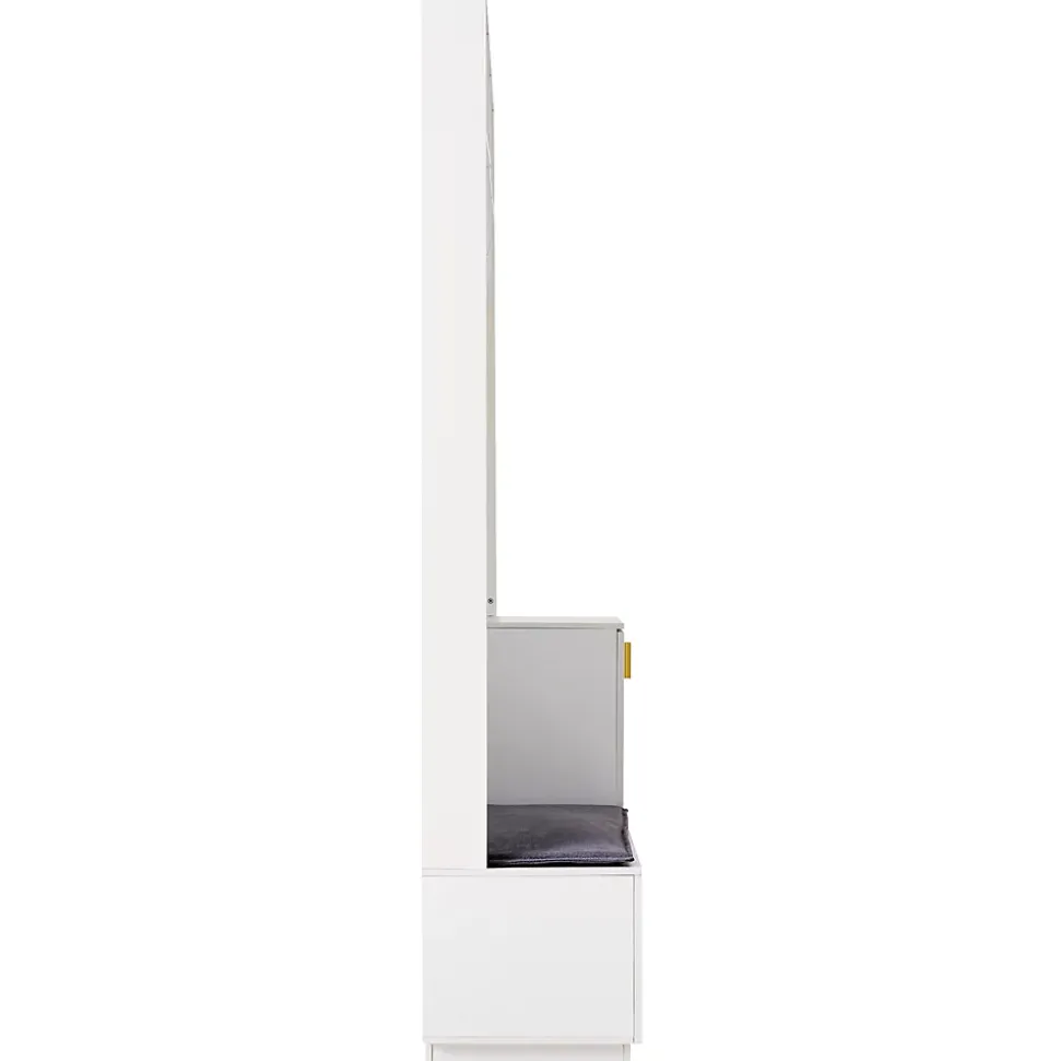 Vestiaire d'entrée avec banc, 3 portes et 3 rangements ouverts, meuble panneau et métal, 120x40x200 cm blanc